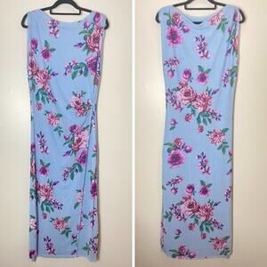 FREE PEOPLE DRESS L BLUE FLORAL RESORT VACATION COASTAL CASUAL WEDDING GUEST